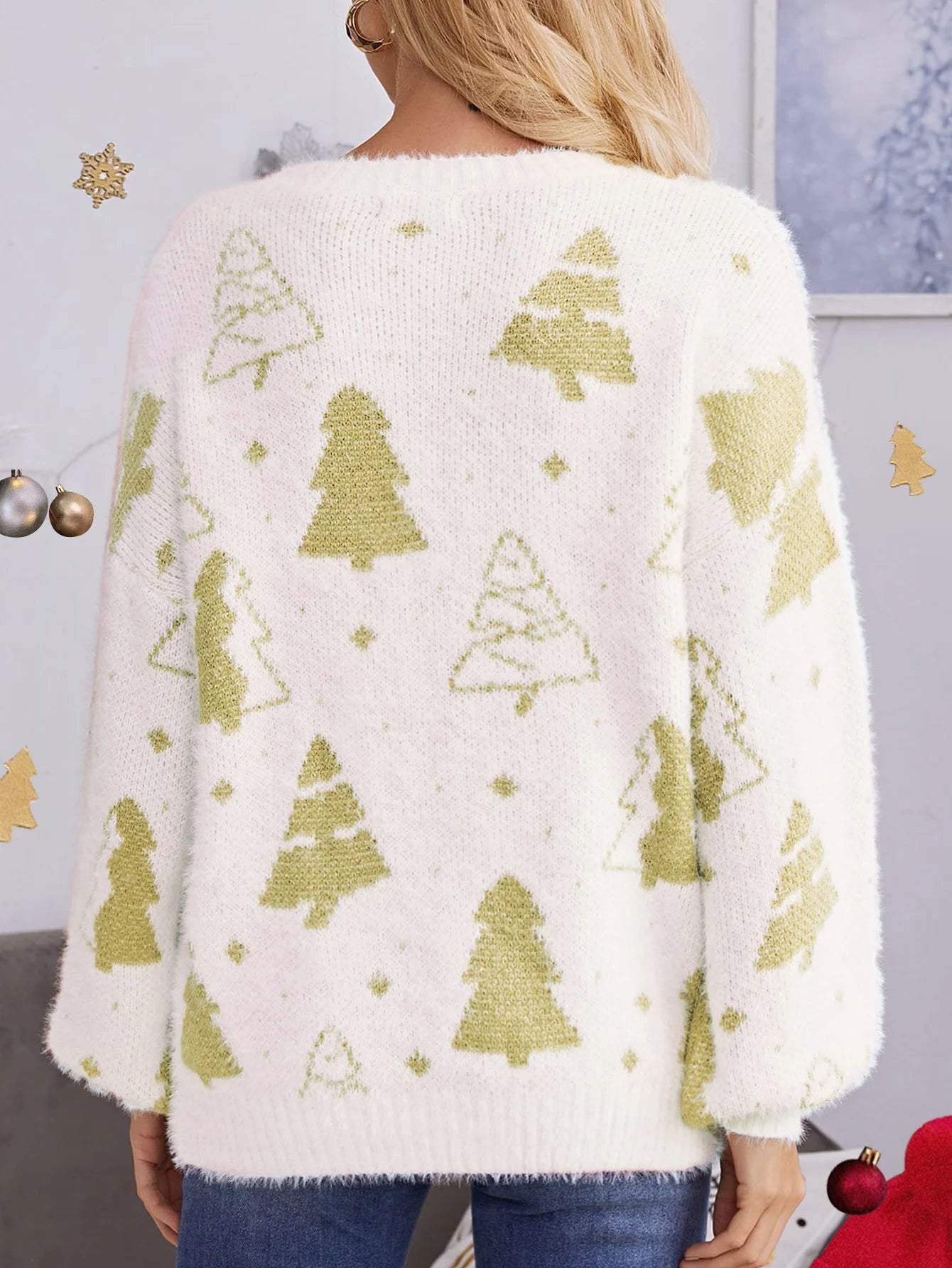 Multi-color Christmas Tree Design Round Neck Loose Lazy Wind Christmas Sweater