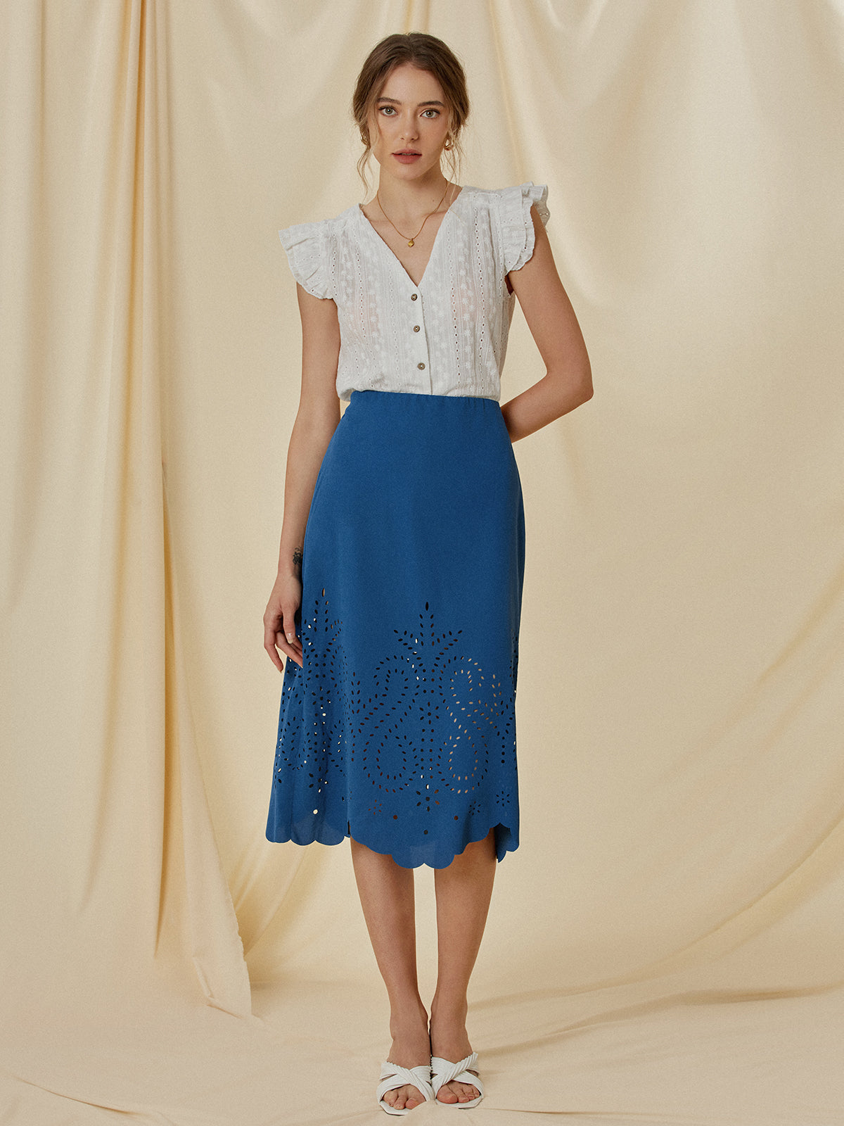 Eyelet High Graceful Waisted Midi Skirt