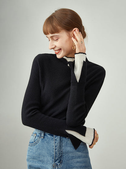 Contrast Trim Mock Trendy Neck Knit Top