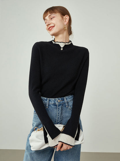 Contrast Trim Mock Trendy Neck Knit Top