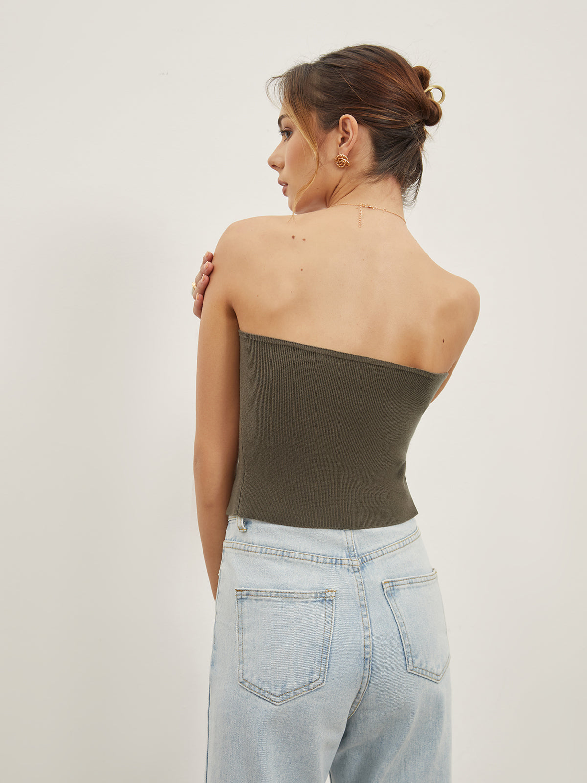 Button Down Knit Trendy Crop Strapeless Tube Top