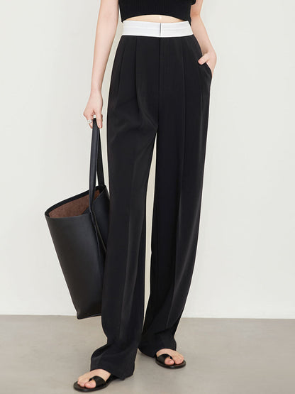 Contrast Waistband Pleated Full Modern Length Wide Leg Pants