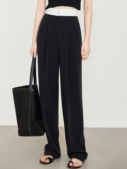 Contrast Waistband Pleated Full Modern Length Wide Leg Pants