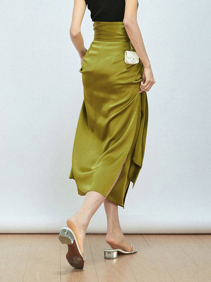 Effortless Tie Front Satin Modern Flowy Slit Midi Skirt