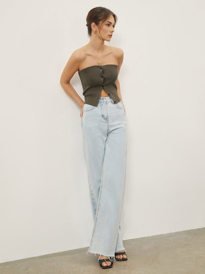 Button Down Knit Trendy Crop Strapeless Tube Top