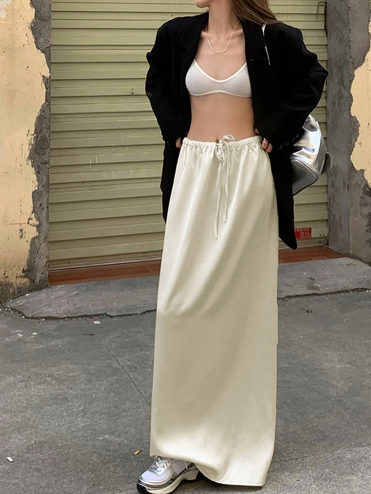 Drawstring Satin Graceful Maxi Skirt