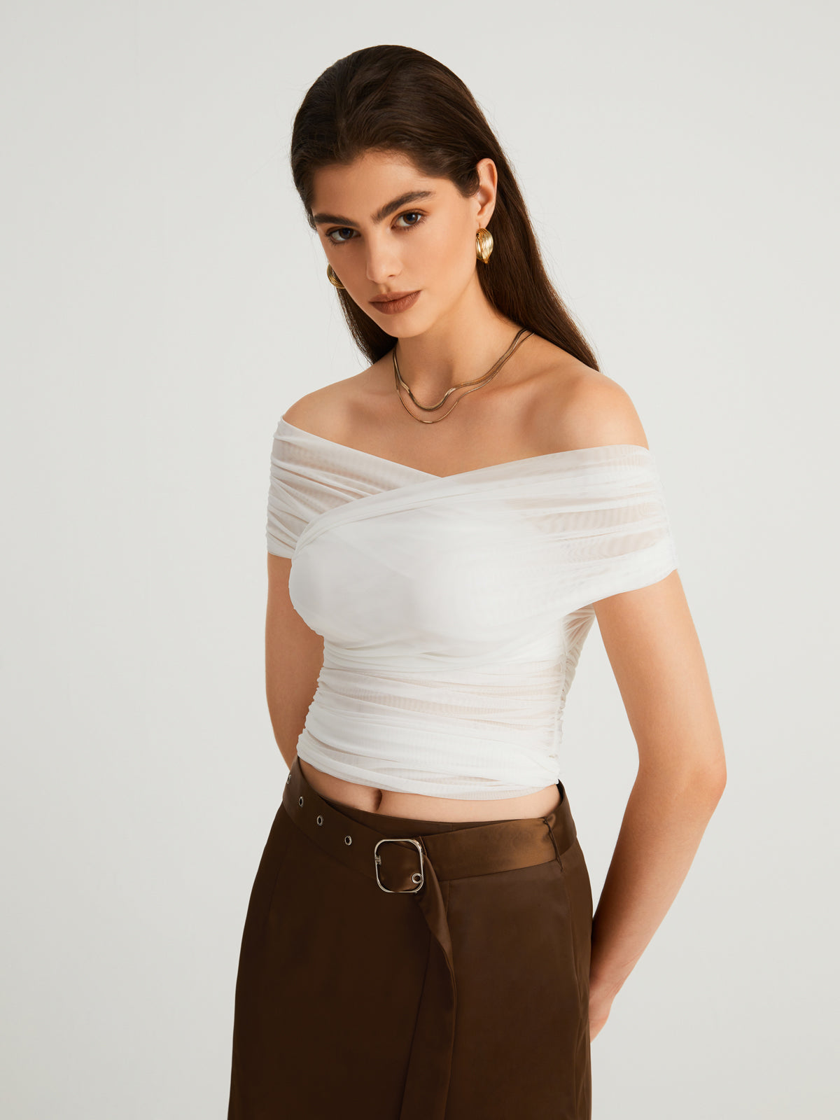 Criss Cross Off Trendy Shoulder Mesh Top