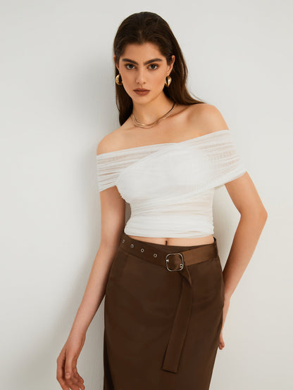 Criss Cross Off Trendy Shoulder Mesh Top