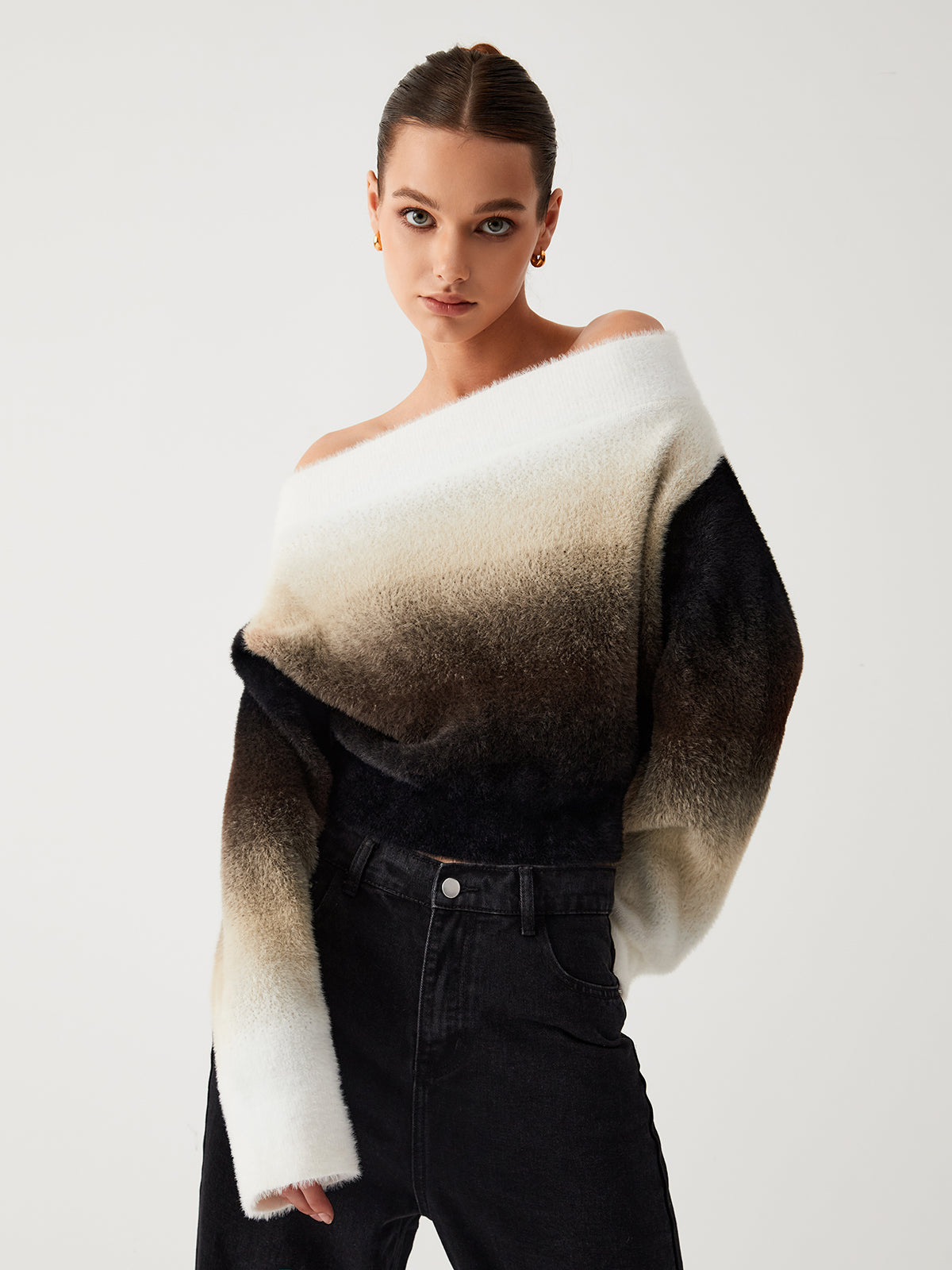 Dawn Ombre Fuzzy Trendy Off Shoulder Crop Sweater