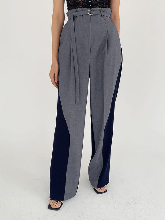 Belted Two Tone Trendy Wide Leg Pants