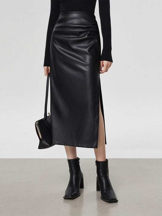 Faux Leather Ruched Trendy Slit Midi Skirt