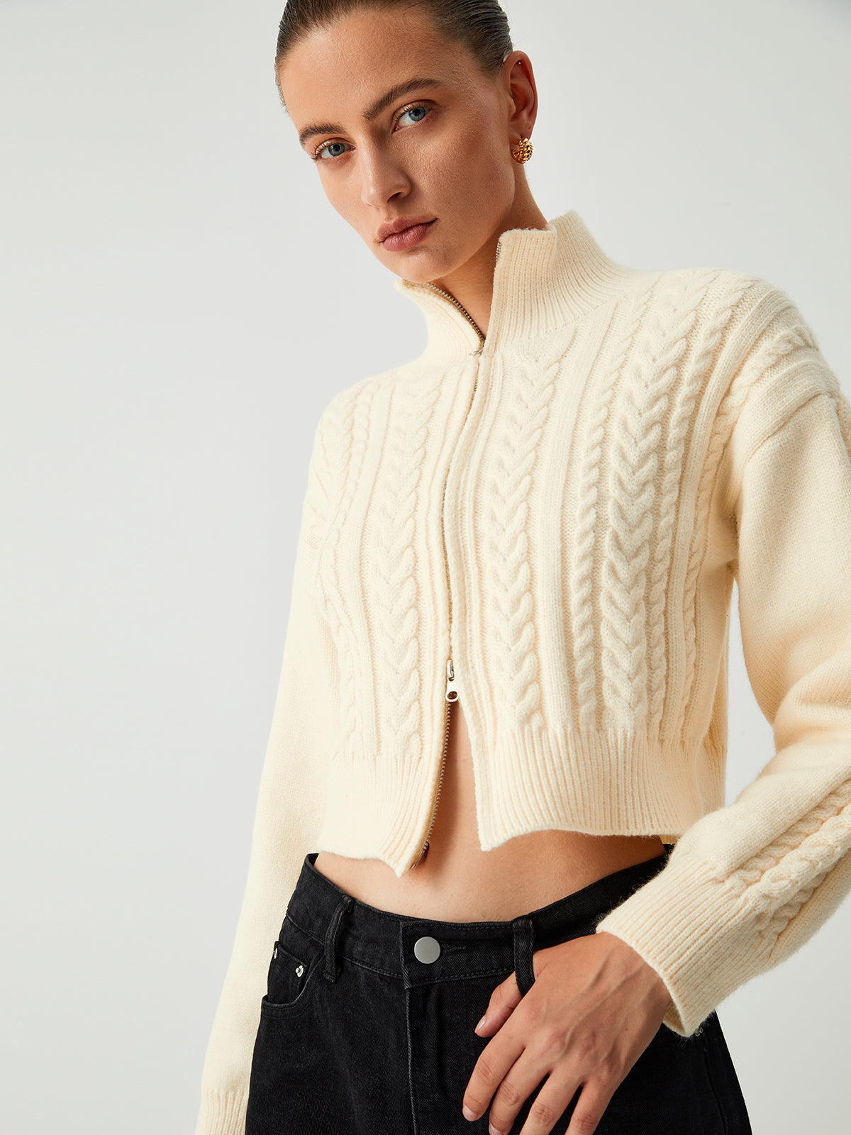 Cable Knit Two Trendy Way Zip Crop Cardigan