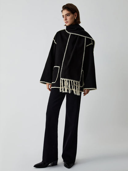 Contrast Trim Jacket Trendy With Matching Scarf