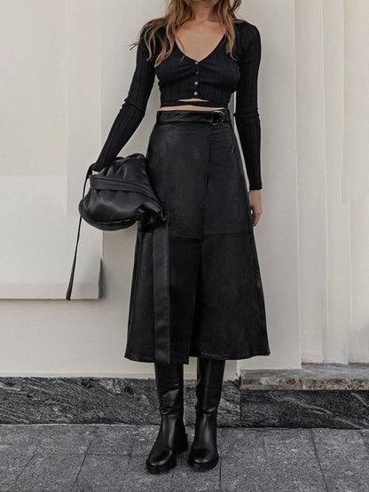 Eyes On Me Trendy Belted Leather Skirt