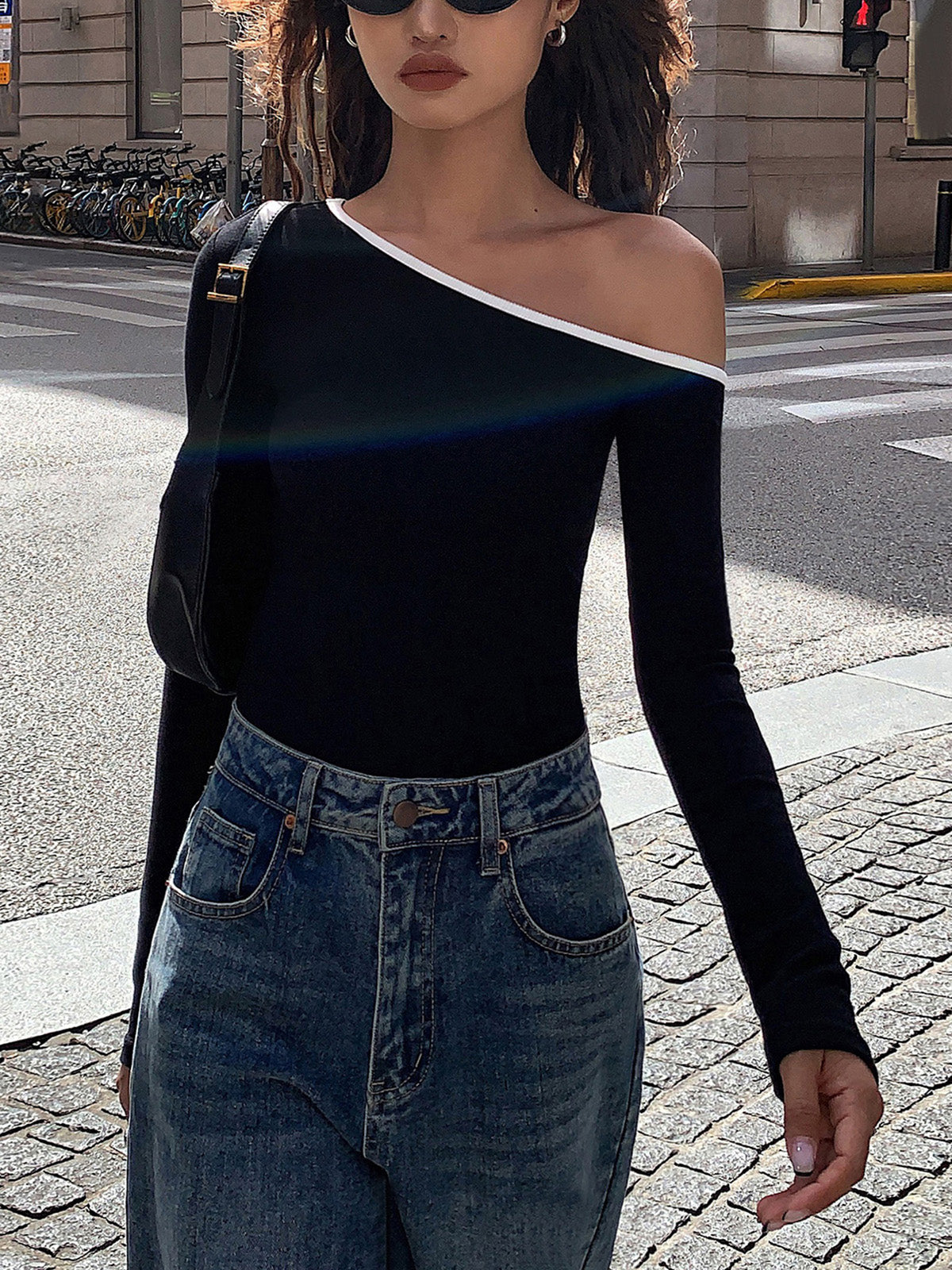 Contrast Trim Off Trendy Shoulder Long Sleeve Shirt