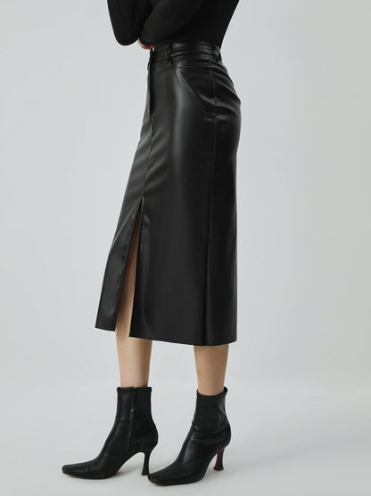 Faux Leather Graceful Pockets Midi Skirt