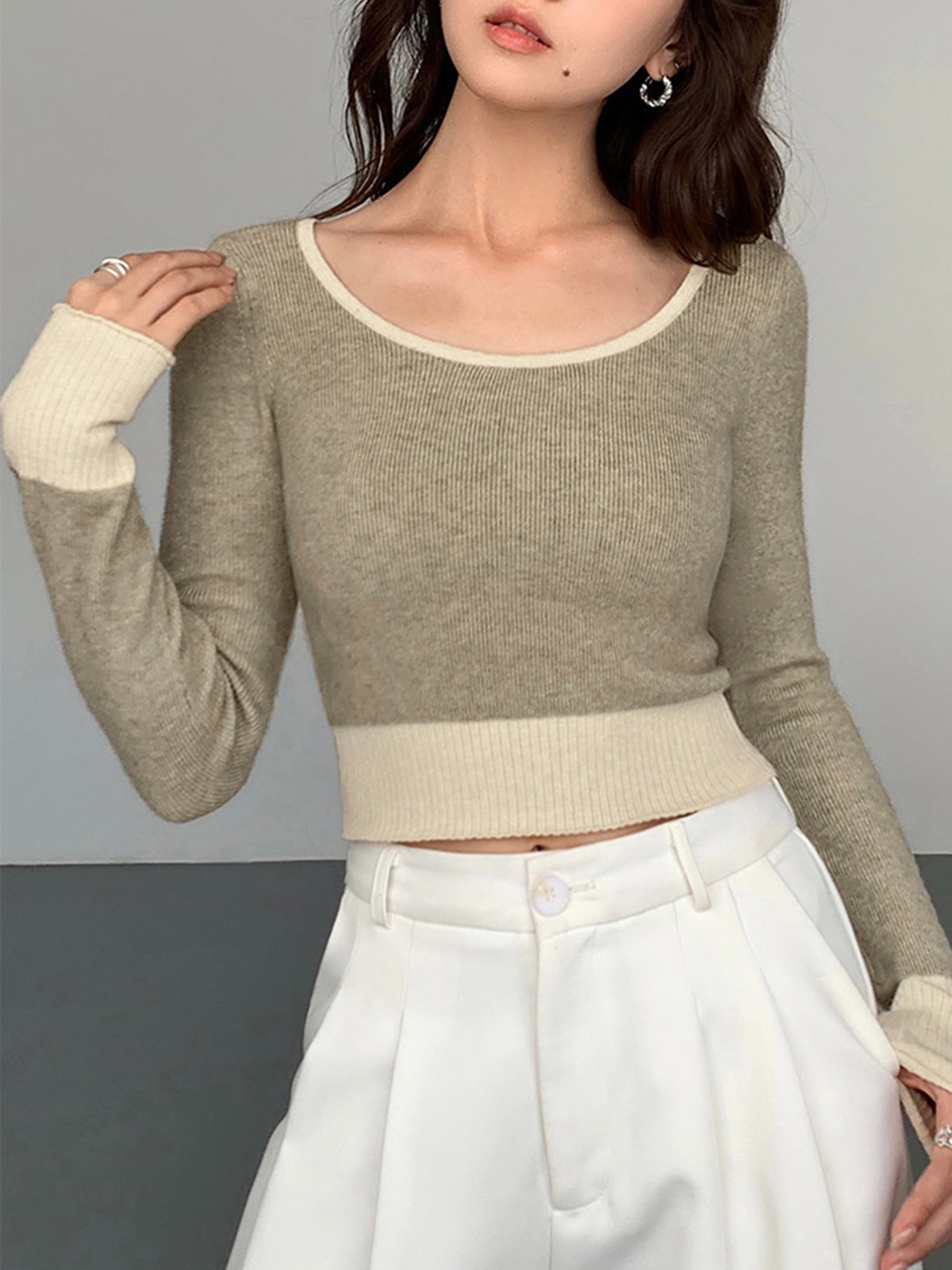 Contrast Hem Long Trendy Sleeve Crop Knit Top - Sweaters-L