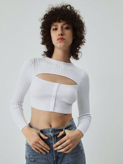 Cutout Button Up Long Modern Sleeve Crop Knit Top