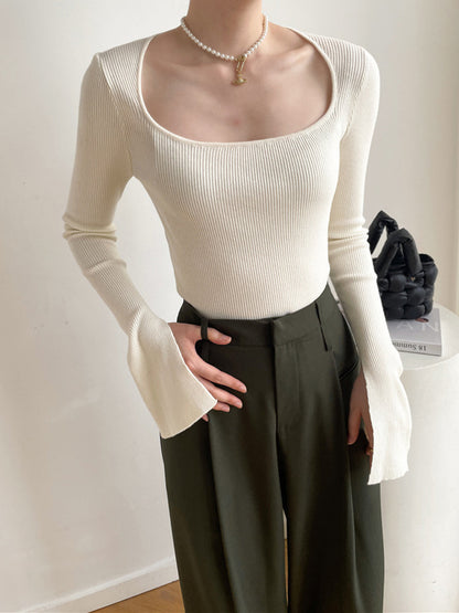 Cream Flare Long Trendy Sleeve Knit Top