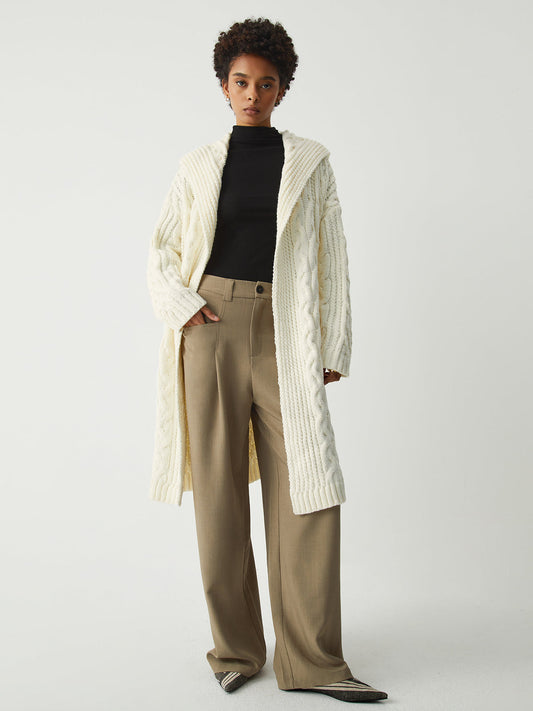 Cable Knit Graceful Hooded Longline Cardigan Sweaters-L