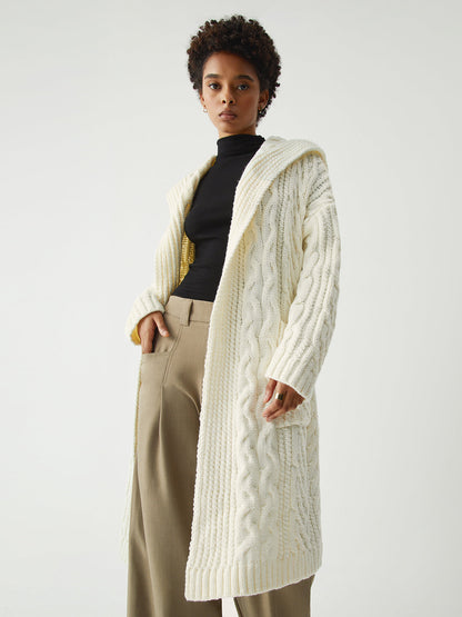 Cable Knit Graceful Hooded Longline Cardigan