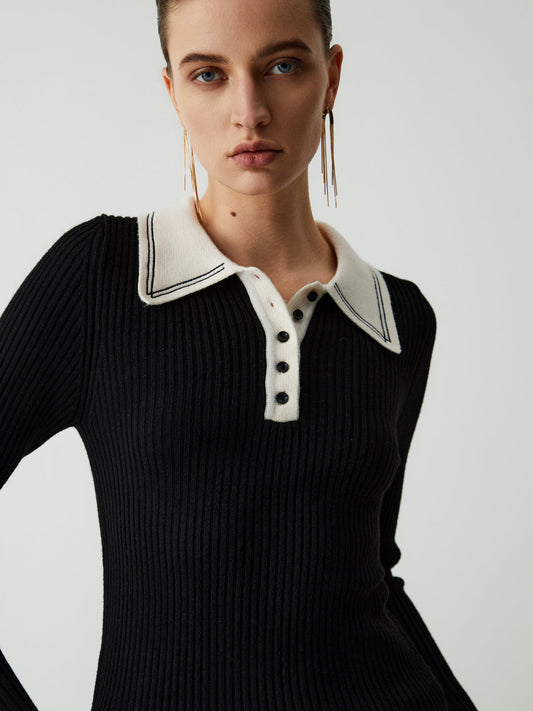 Contrast Collar Quarter Button Modern Long Sleeve Knit Top