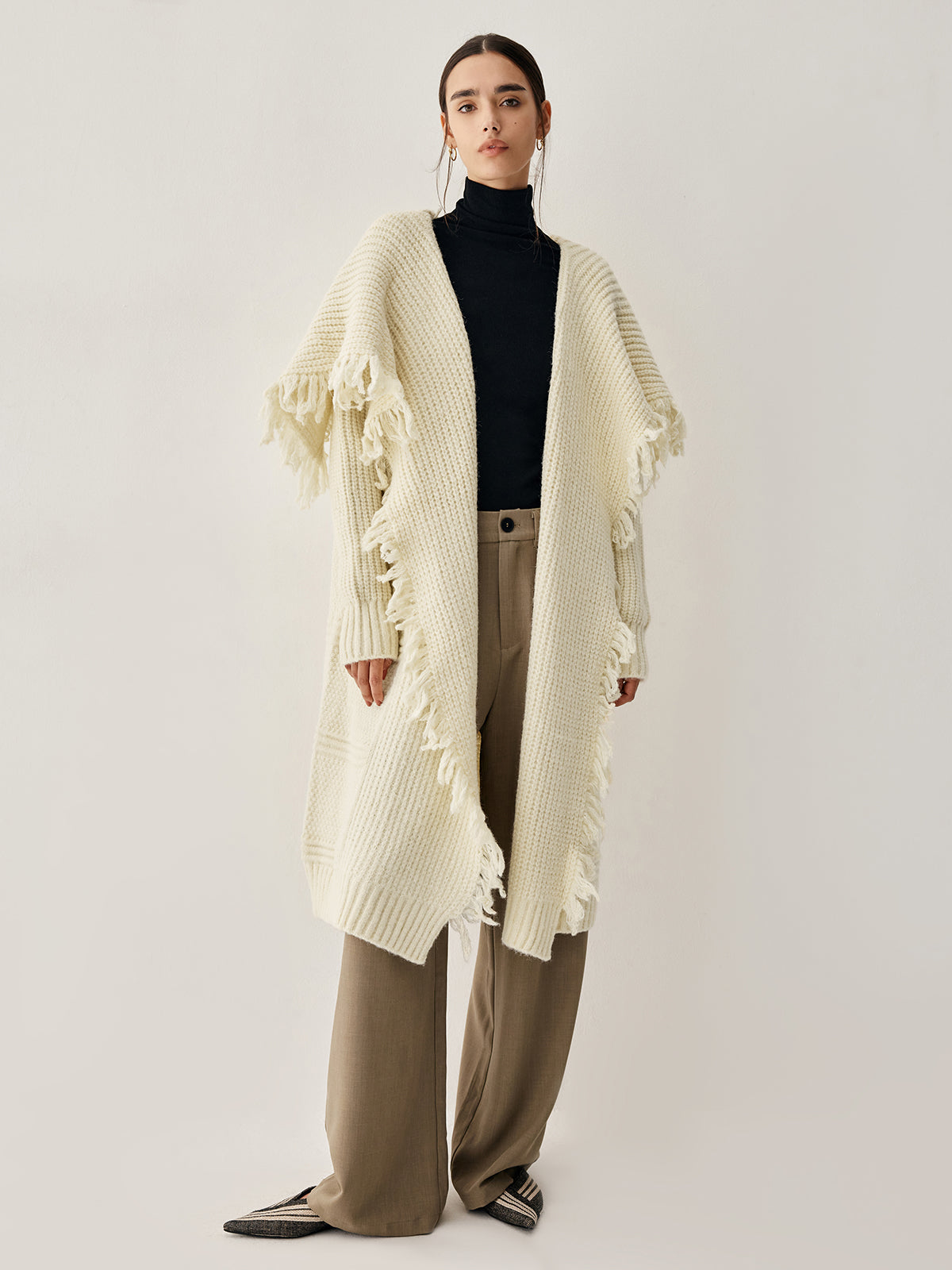 Chunky Knit Tassel Trendy Hem Poncho Cardigan Sweaters-L