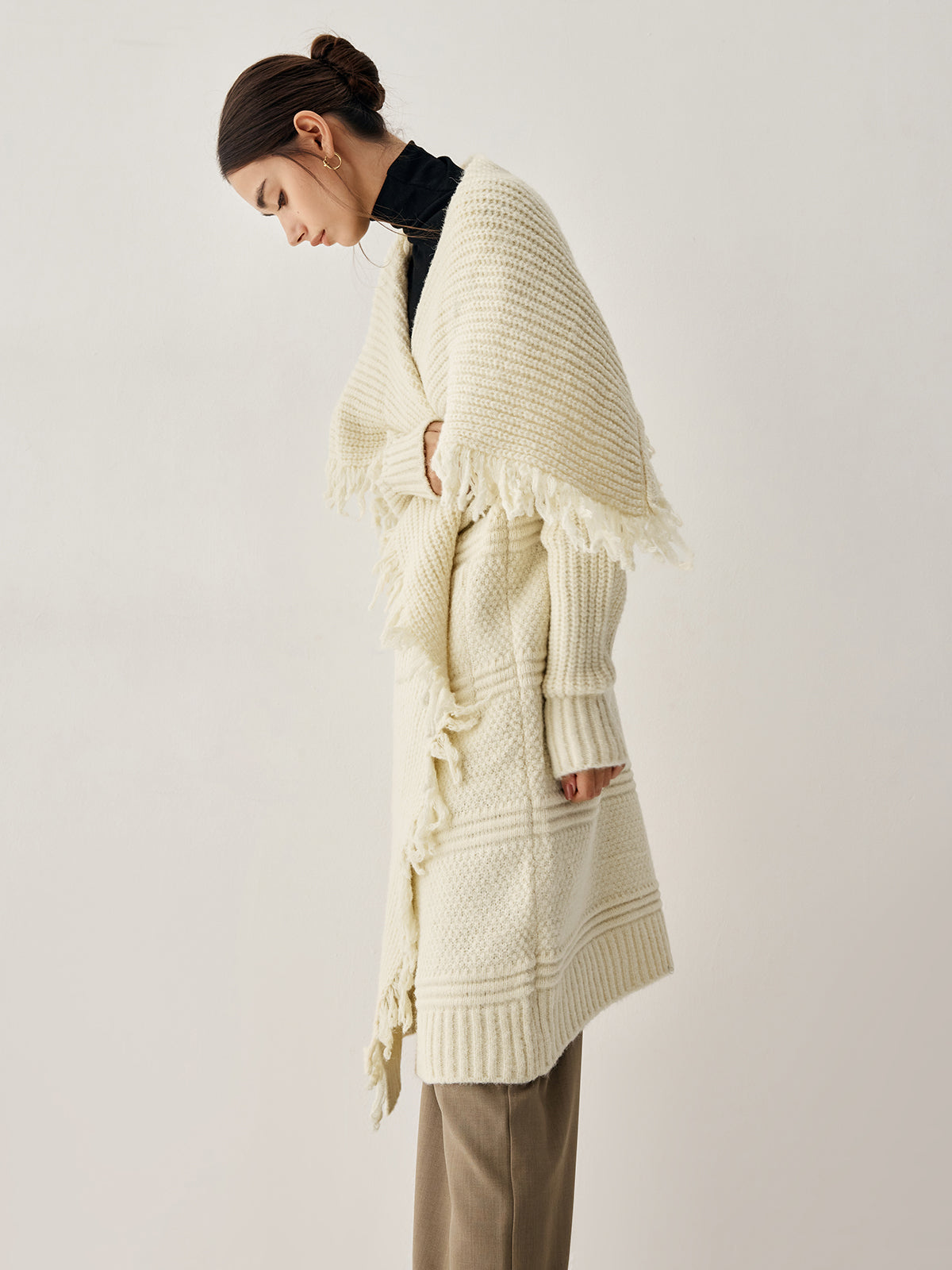 Chunky Knit Tassel Trendy Hem Poncho Cardigan Sweaters-L