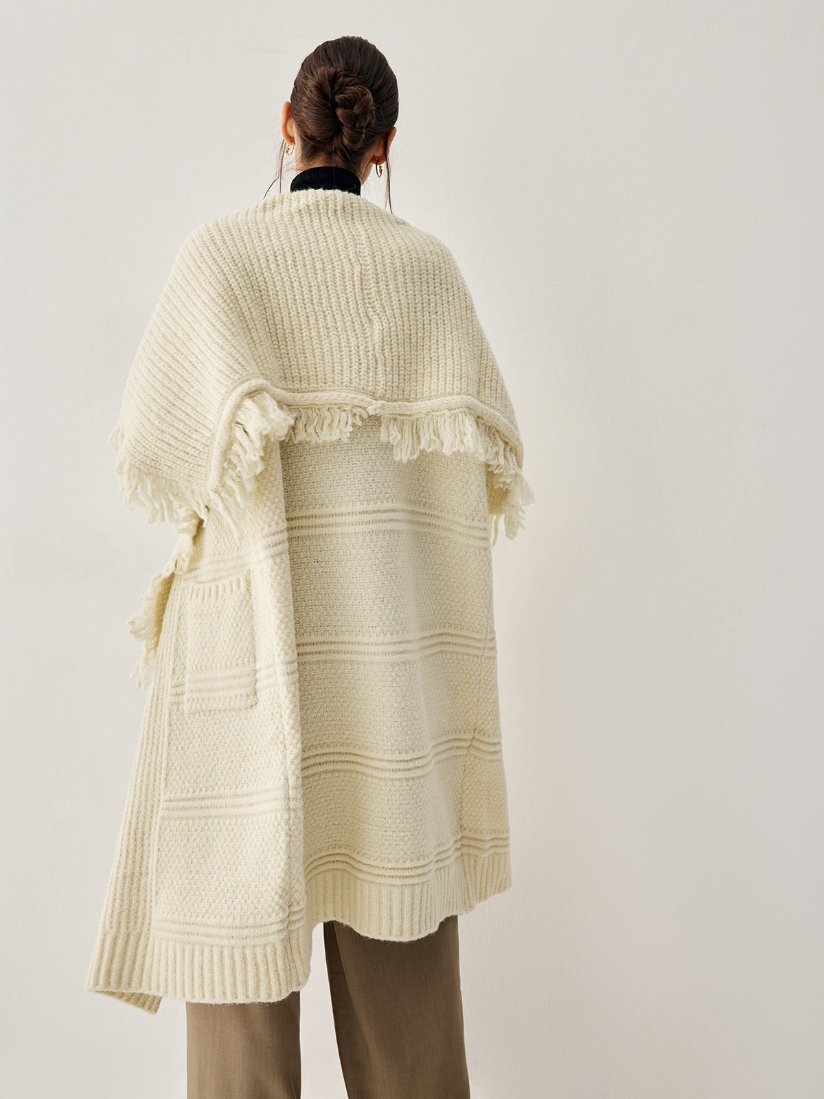 Chunky Knit Tassel Trendy Hem Poncho Cardigan Sweaters-L