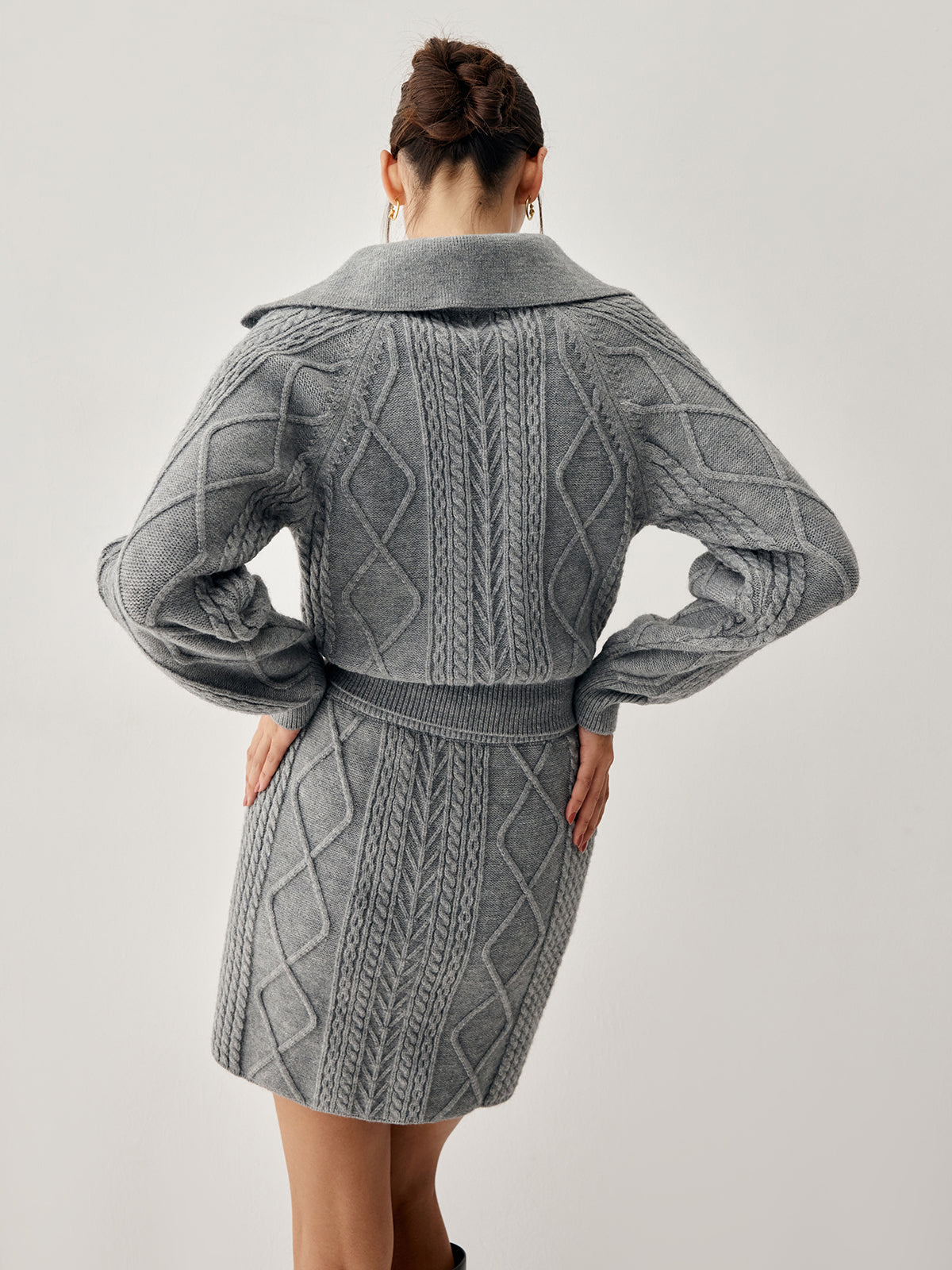 Cable Knit Open Collar Modern Cardigan With Matching Skirt Sets