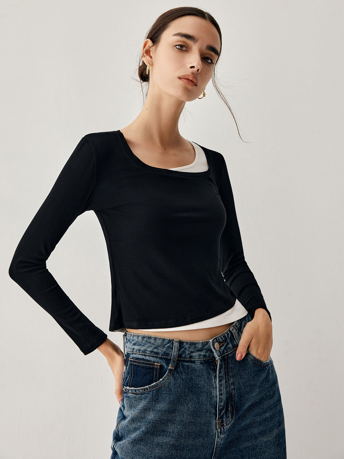 Colorblock Long Graceful Sleeve Crop Shirt