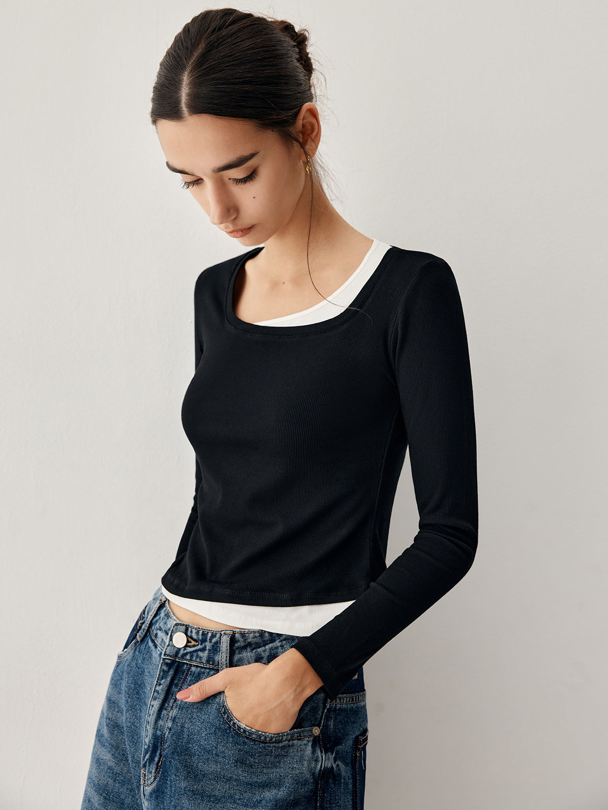 Colorblock Long Graceful Sleeve Crop Shirt