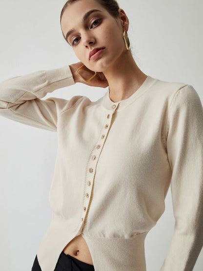 Cream Button Graceful Down Curved Cardigan