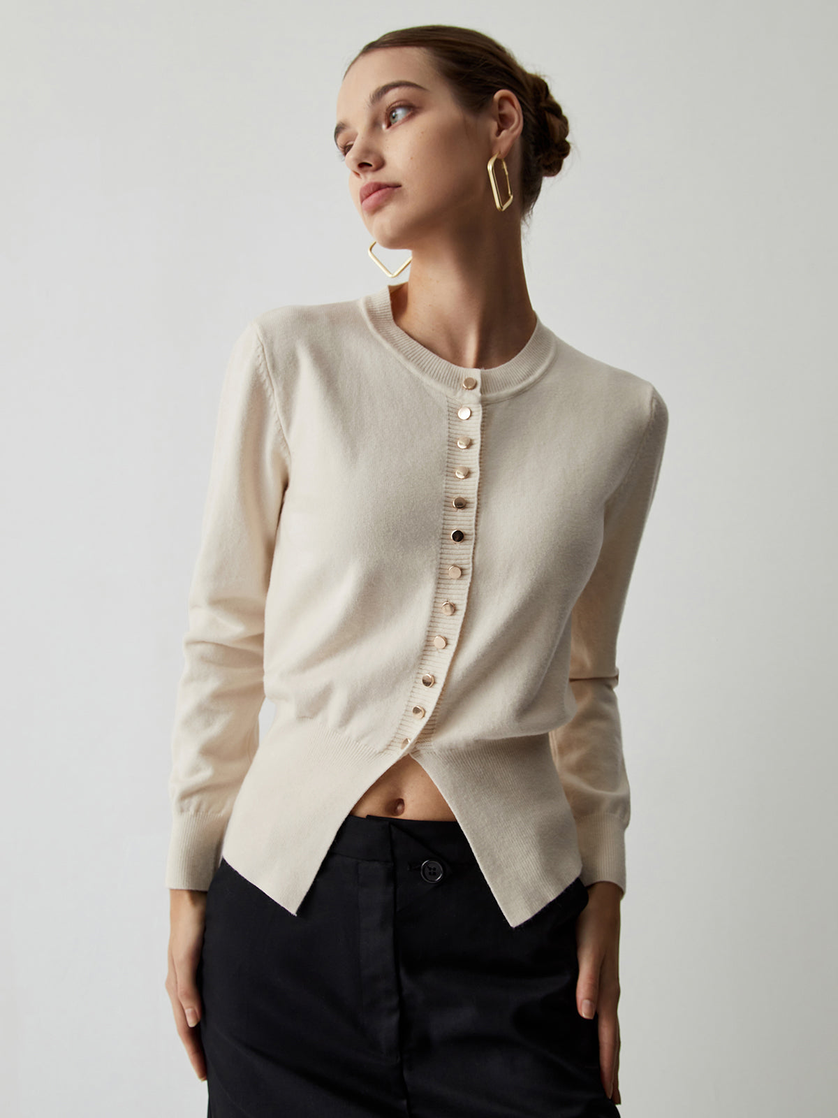 Cream Button Graceful Down Curved Cardigan