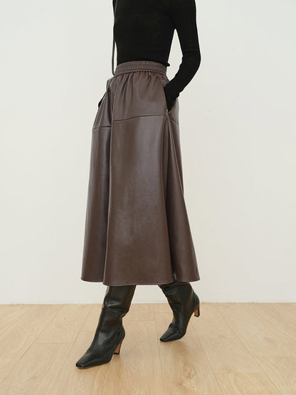 Double Pockets Graceful Leather Maxi Skirt