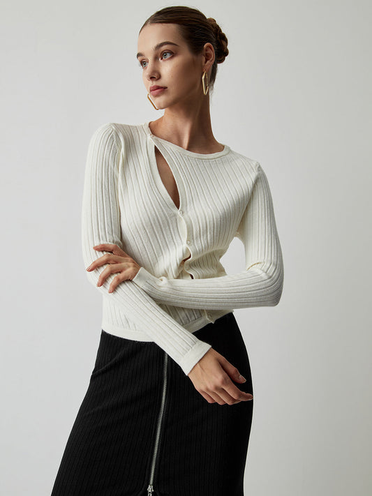 Diagonal Buttoned Rib Trendy Long Sleeve Top