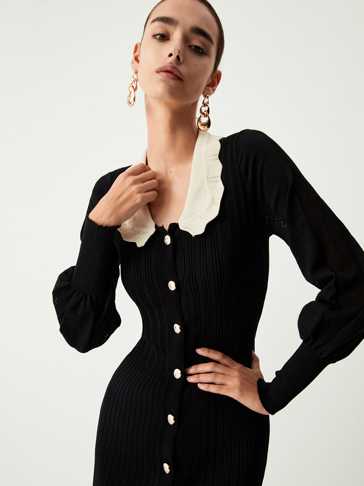 Contrast Eyelet Collar Long Modern Sleeve Midi Sweater Dress Sweaters-L