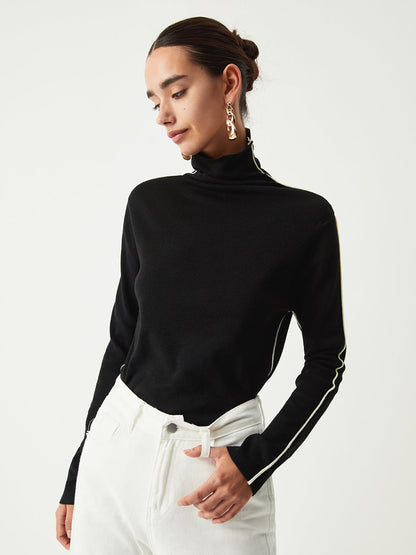 Contrast Piping Turtleneck Trendy Long Sleeve Top