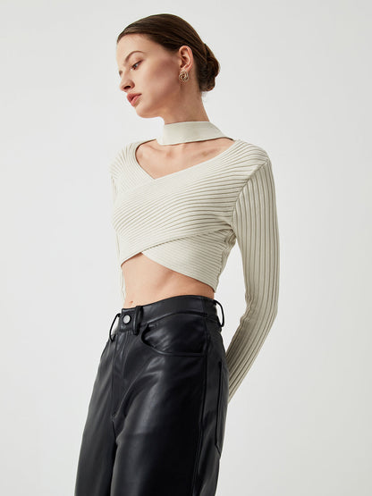 Criss Cross Knit Trendy Halter Crop Top