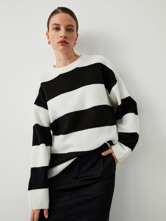 Contrast Color Striped Trendy Crew Neck Sweater