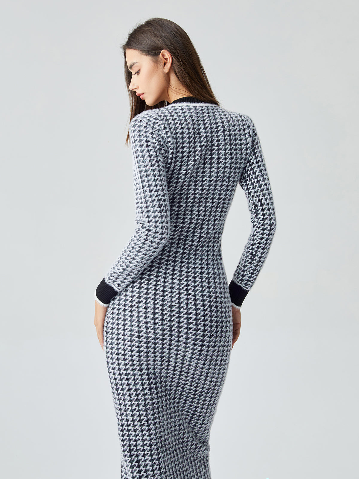 Contrast Trim Herringbone Trendy Bodycon Sweater Midi Dress Sweaters-L