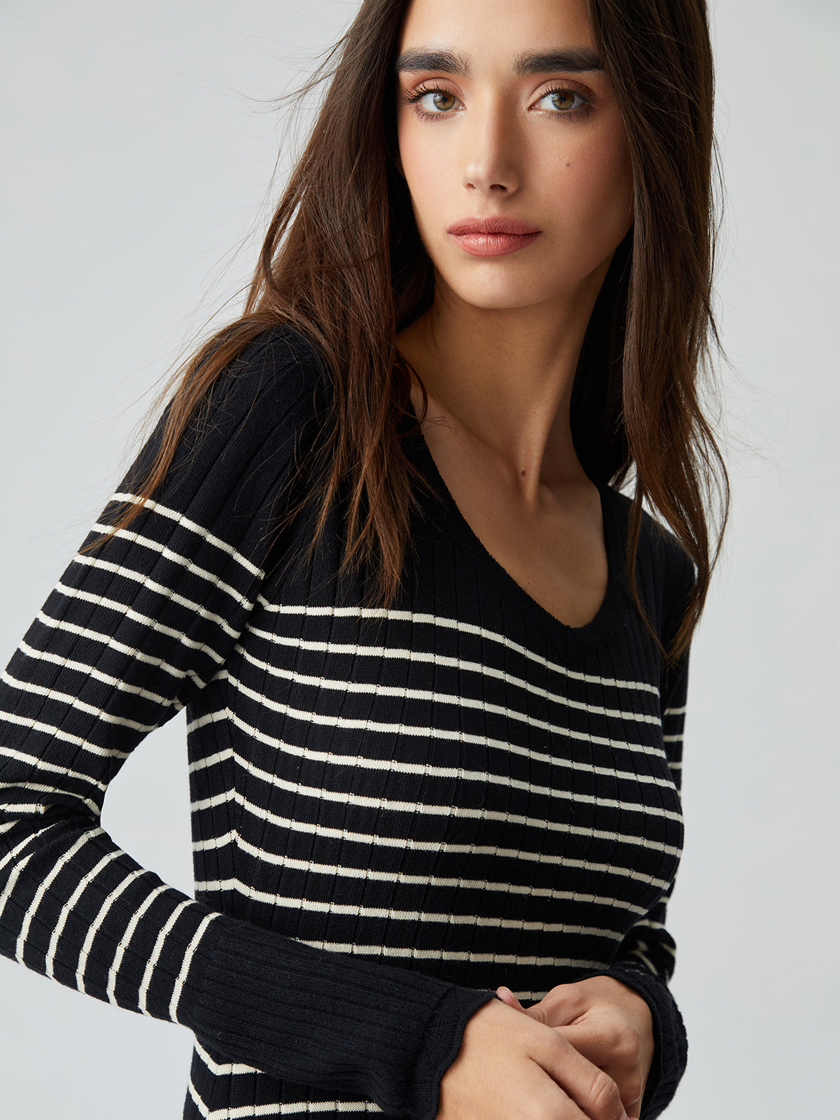 Contrast Trim Striped Crew Modern Neck Knit Sweater Dress Sweaters-L