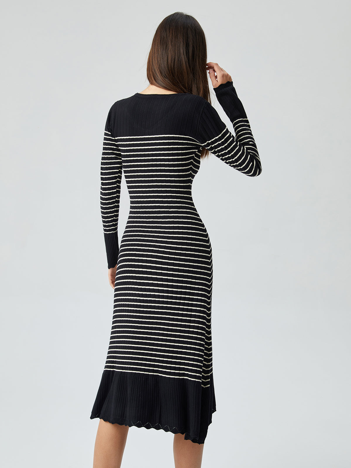 Contrast Trim Striped Crew Modern Neck Knit Sweater Dress Sweaters-L