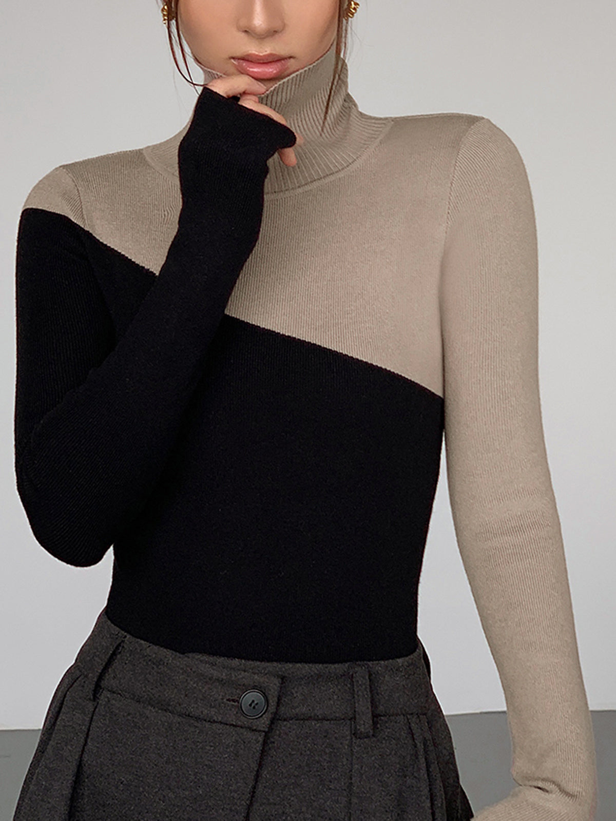 Asymmetric Patchwork Long Sleeve Modern Mock Neck Knit Top