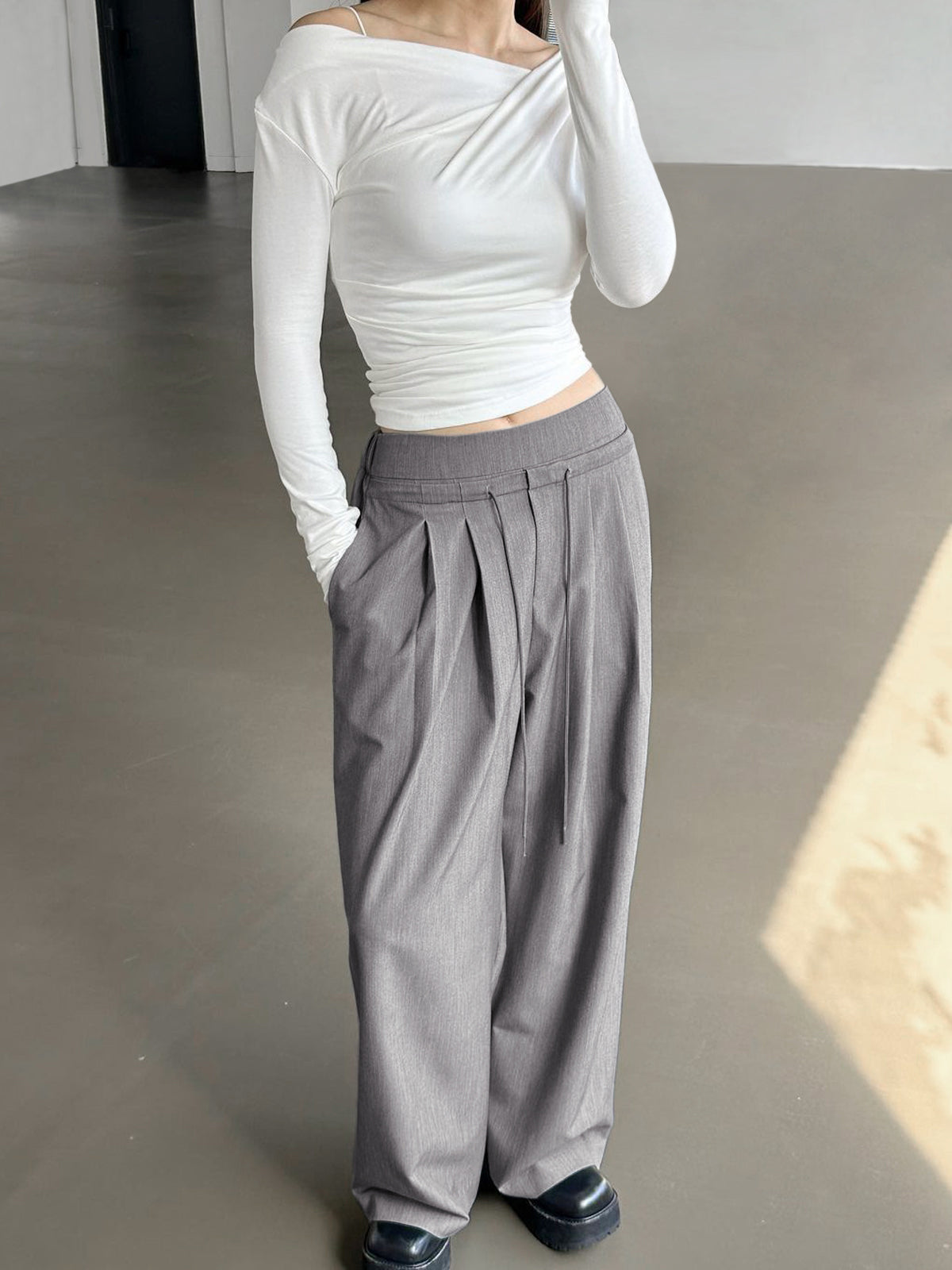 Drawstring Pleat Wide Trendy Leg Dress Pants