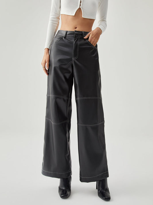 Contrast Stitch Leather Trendy Wide Leg Pants