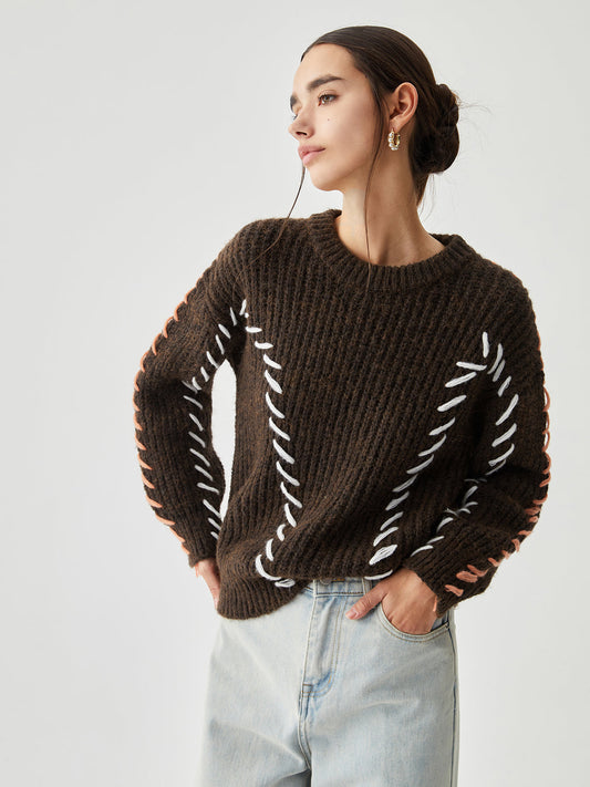 Crocheted Contrast Trim Trendy Ribbed Knit Sweater