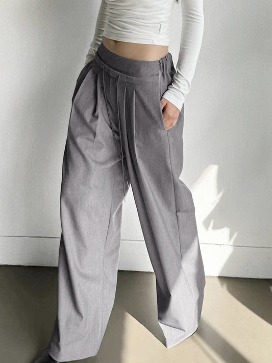 Drawstring Pleat Wide Trendy Leg Dress Pants