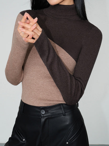 Asymmetric Patchwork Long Sleeve Modern Mock Neck Knit Top