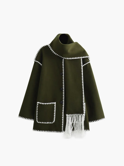 Contrast Trim Jacket Trendy With Matching Scarf